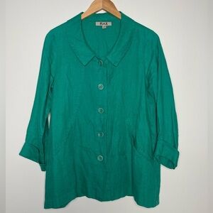 FLAX | Kelly Green Linen Button Down Top Preppy Summer Lagenlook Breathable
